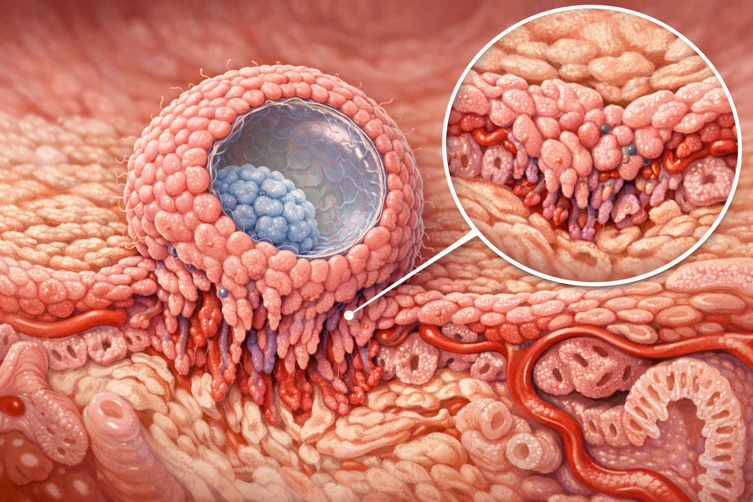 A microscopic illustration of a blastocyst attaching to the uterine lining (endometrium), showing the cellular interaction