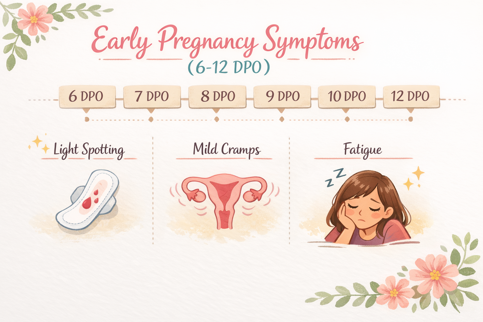 A visual timeline illustrating potential early pregnancy symptoms that might coincide with the implantation window (6-12