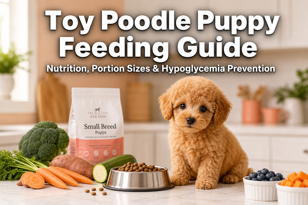 Professional () hero image featuring 'Toy Poodle Puppy Feeding Guide' in extra large white with dark , subtitle 'Nutrition,