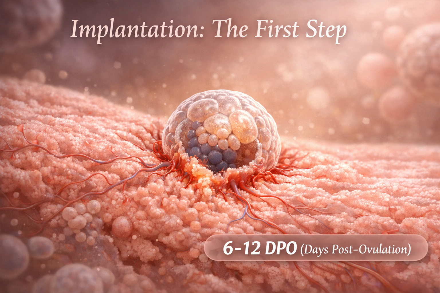 Detailed () illustration depicting a microscopic view of an embryo implanting into the uterine wall, with subtle visual cues