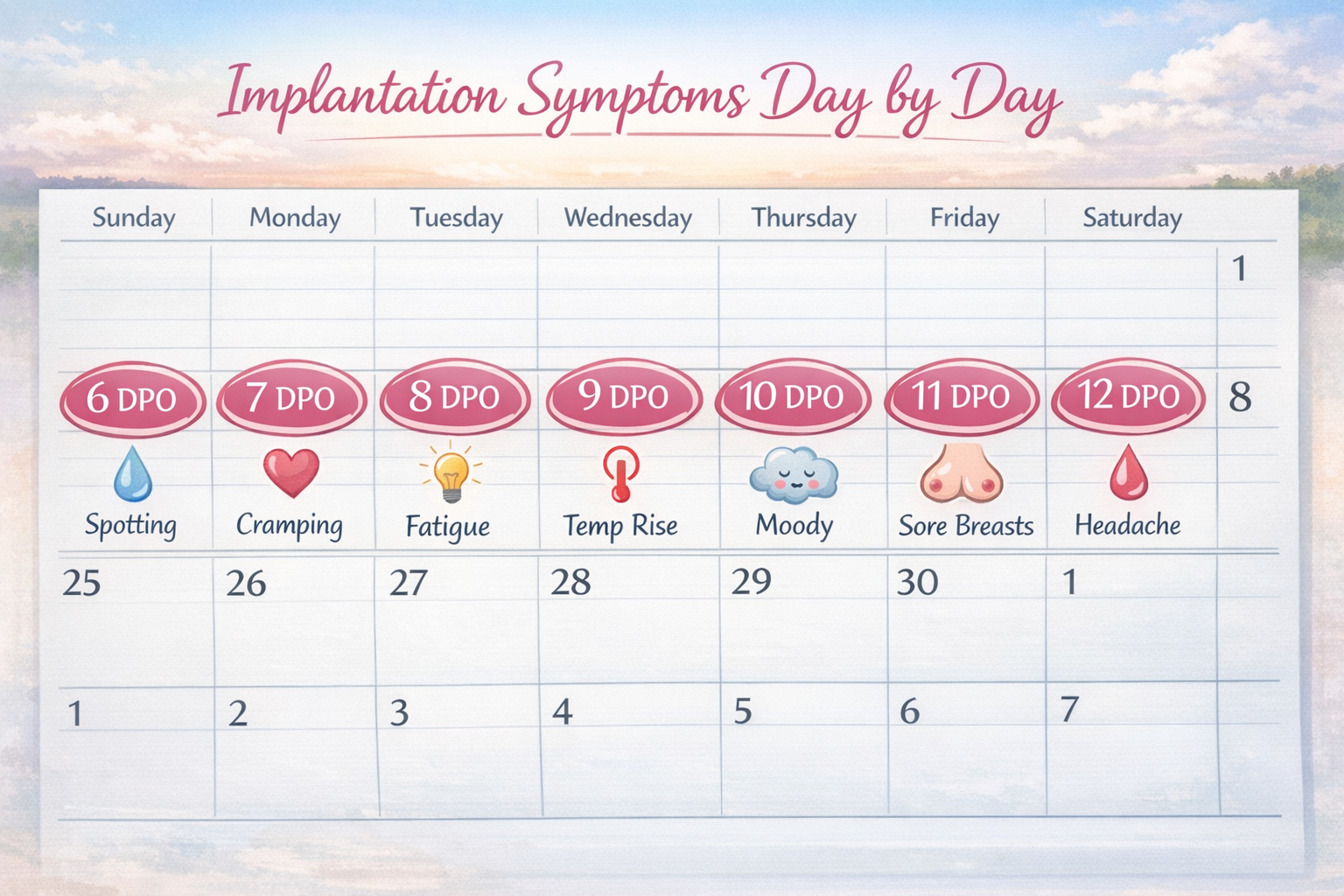 Landscape image of a calendar with specific dates circled from 6 to 12 DPO, showing small icons next to each date