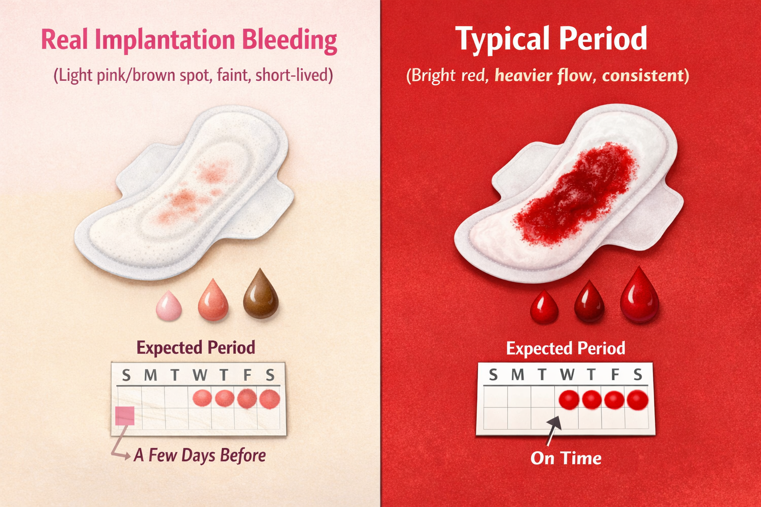 A split-screen landscape image comparing 'Real Implantation Bleeding' (light pink/brown spot, faint, short-lived) on one