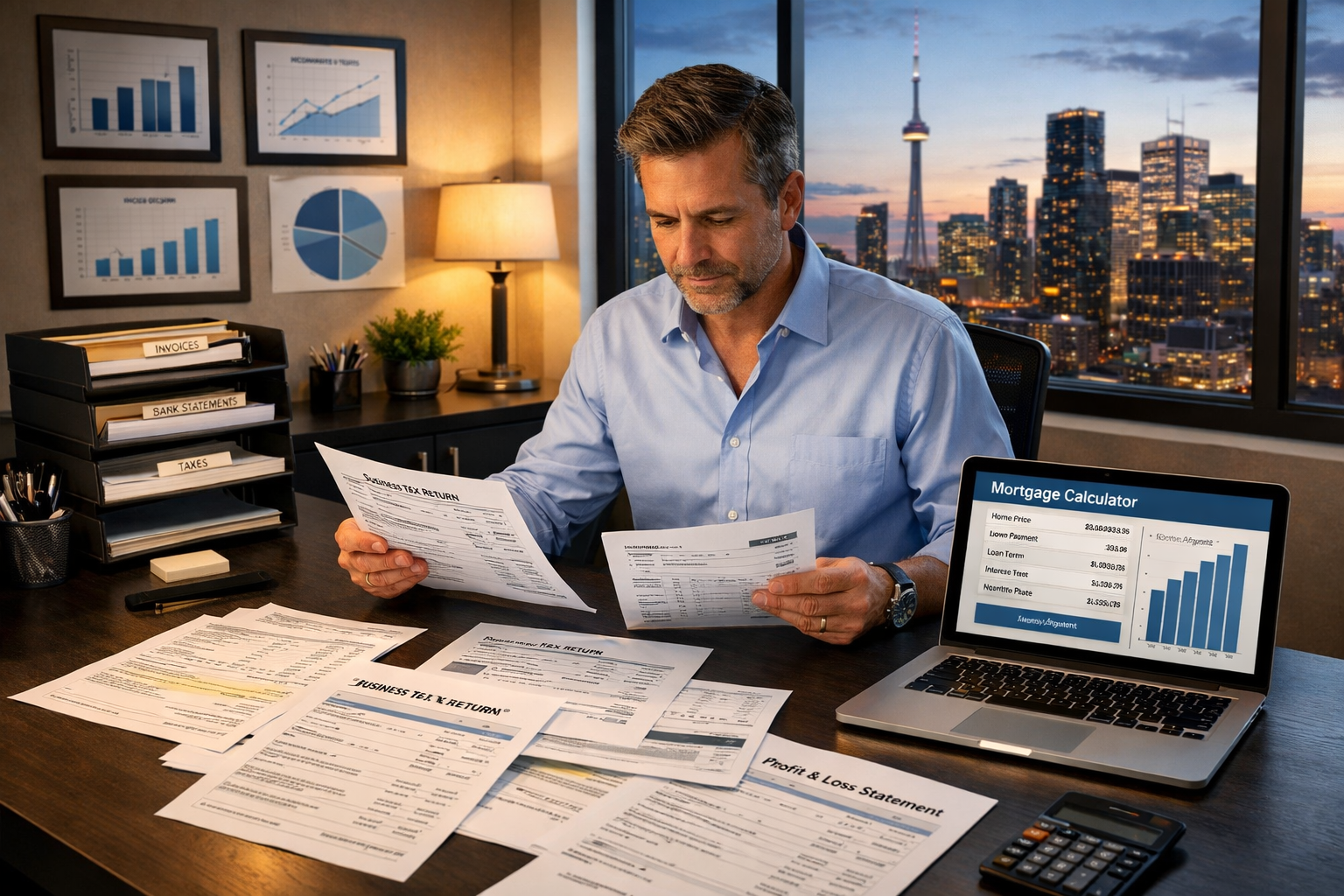 () professional scene showing self-employed entrepreneur reviewing financial documents at modern desk with multiple income