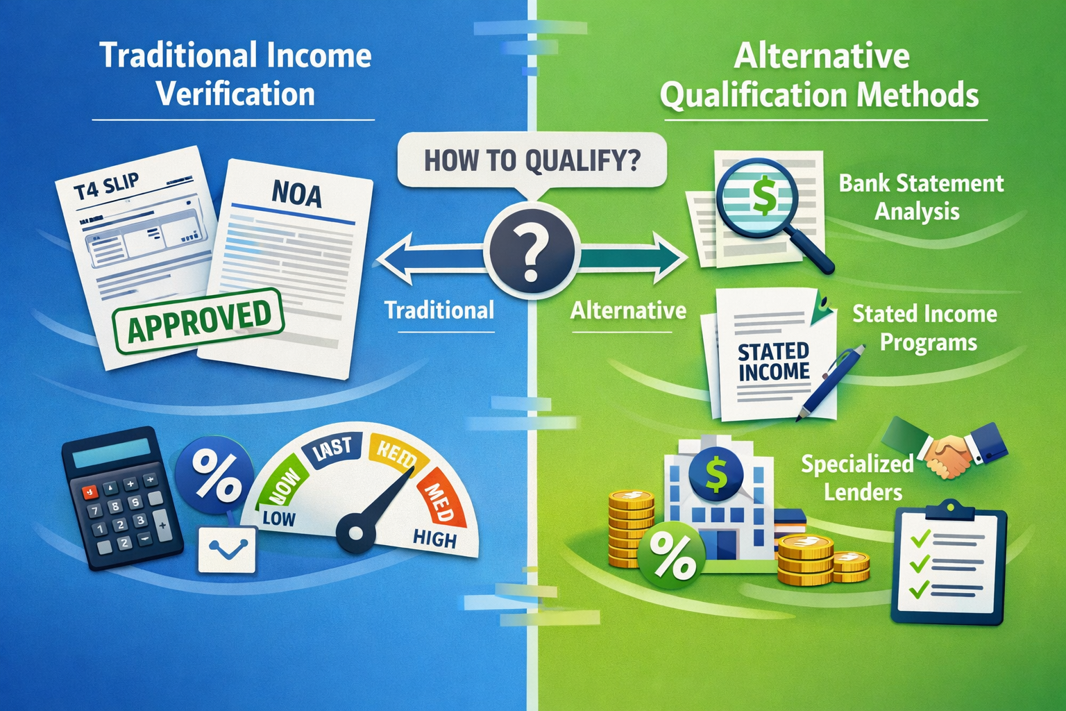 () split-screen comparison visualization showing two paths: left side depicts traditional income verification with T4 slips