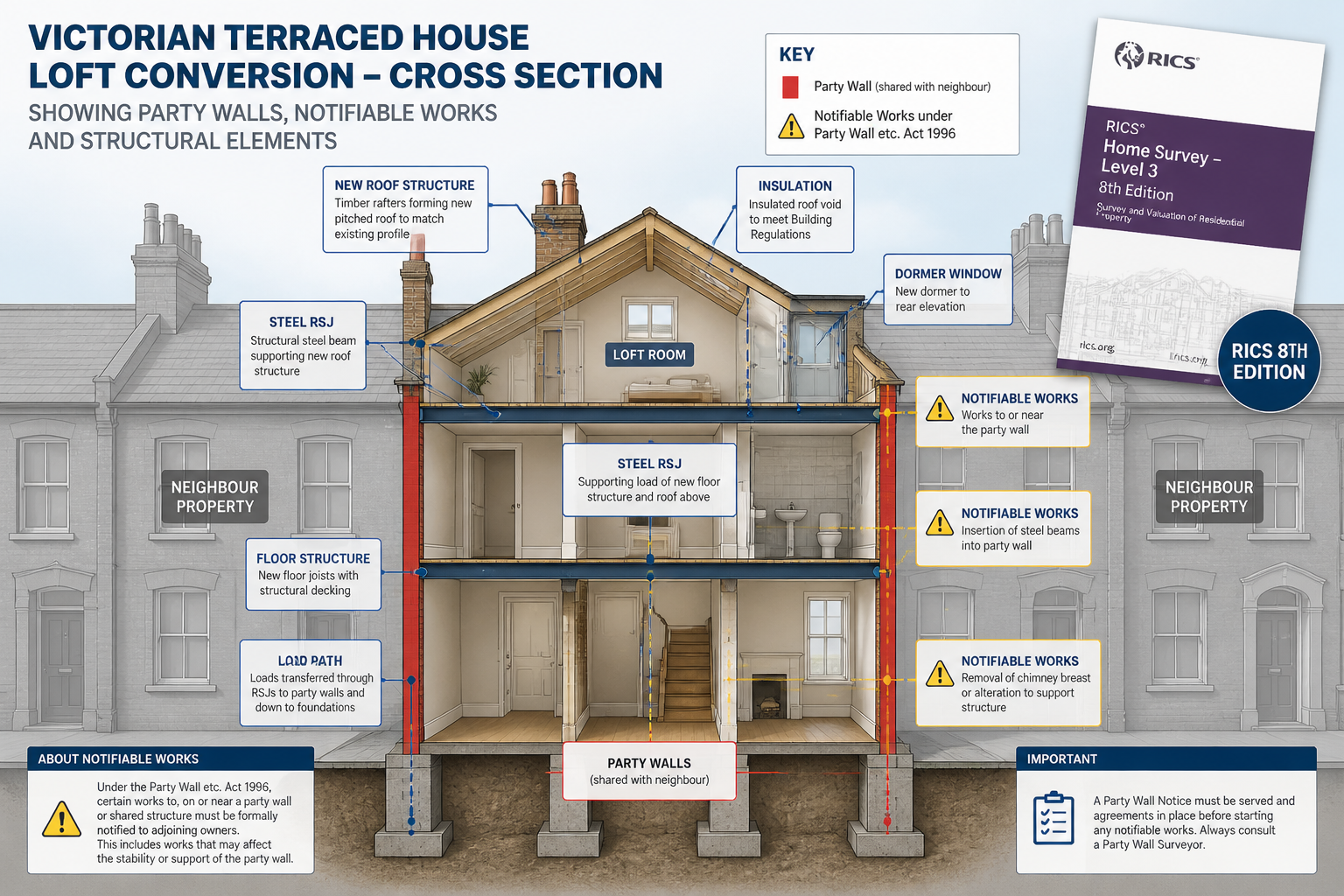Detailed () infographic-style illustration showing a cross-section diagram of a Victorian terraced house loft conversion,