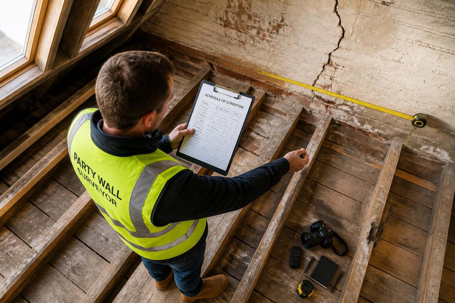 () overhead bird's-eye view of a surveyor in high-visibility vest standing on a loft floor during a party wall survey,