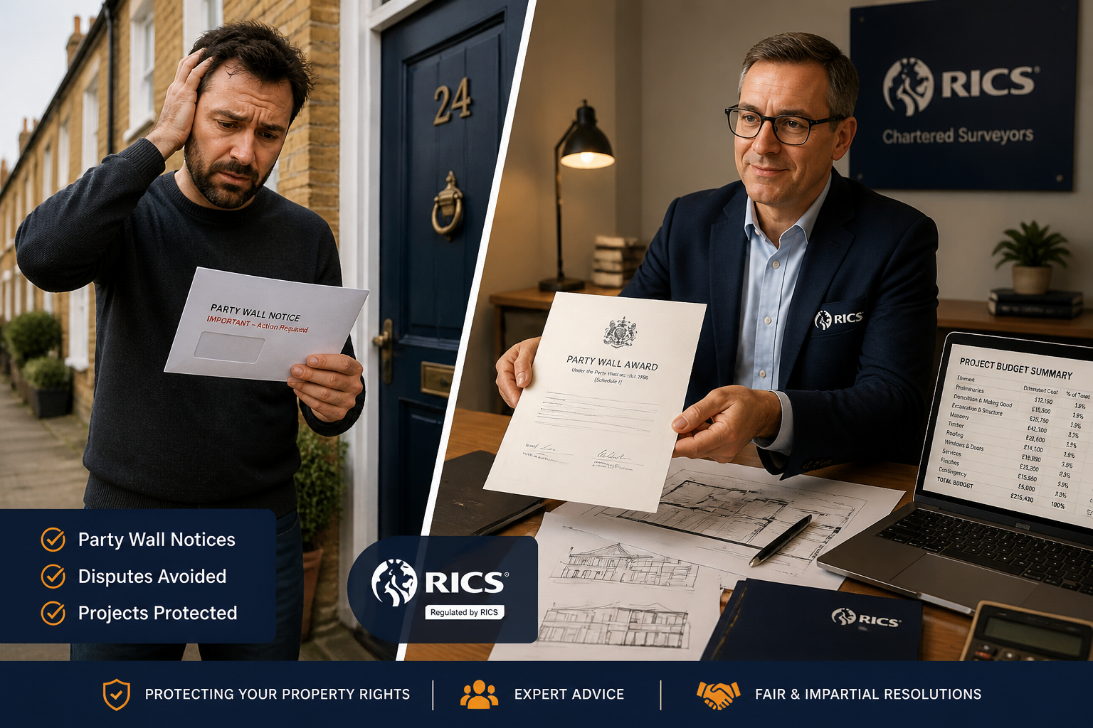 () split-scene composition showing on the left a stressed homeowner holding an unopened Party Wall Notice letter at a front