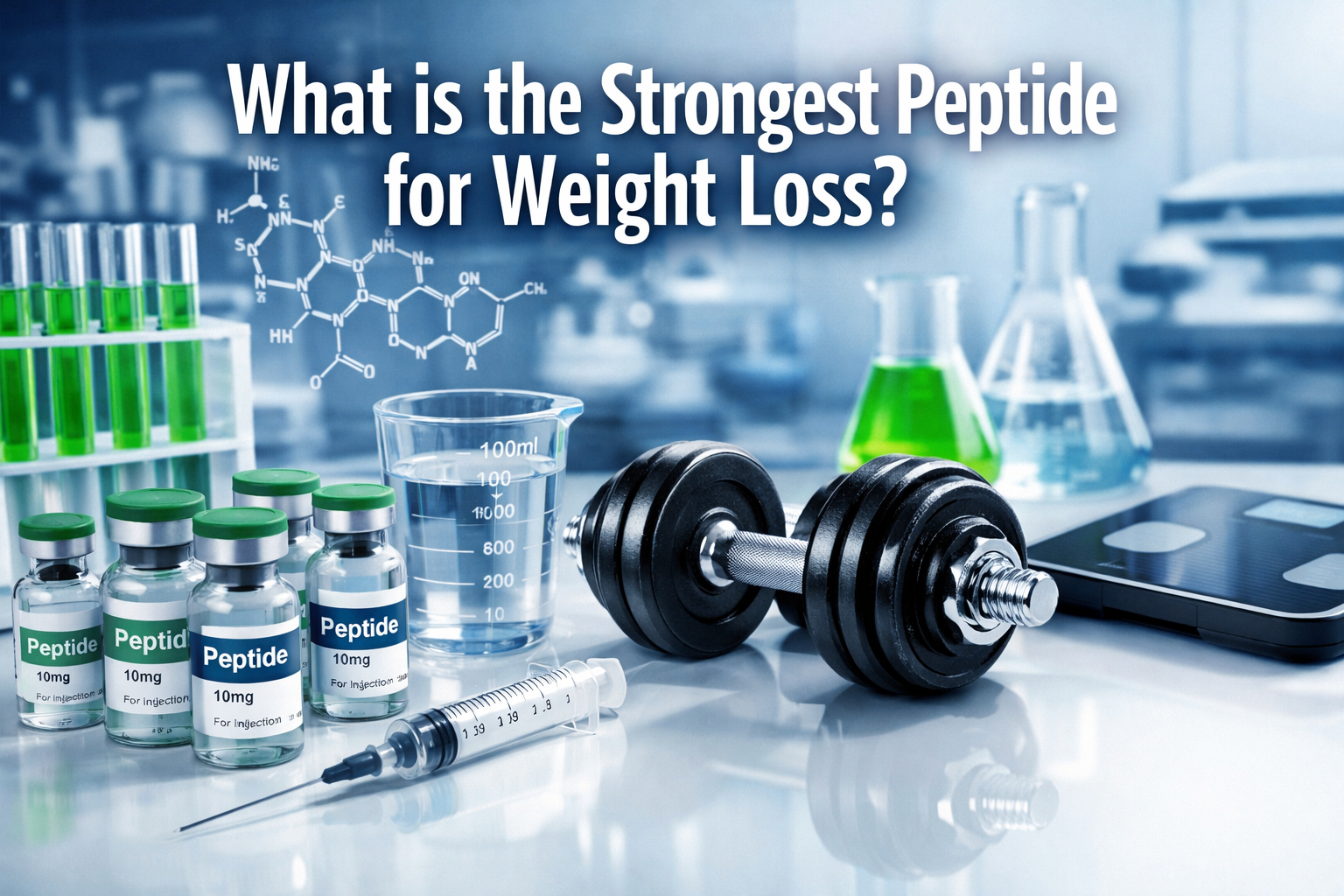 Professional landscape hero image (1536x1024) featuring bold text overlay 'What is the Strongest Peptide for Weight Loss?' in extra large 72
