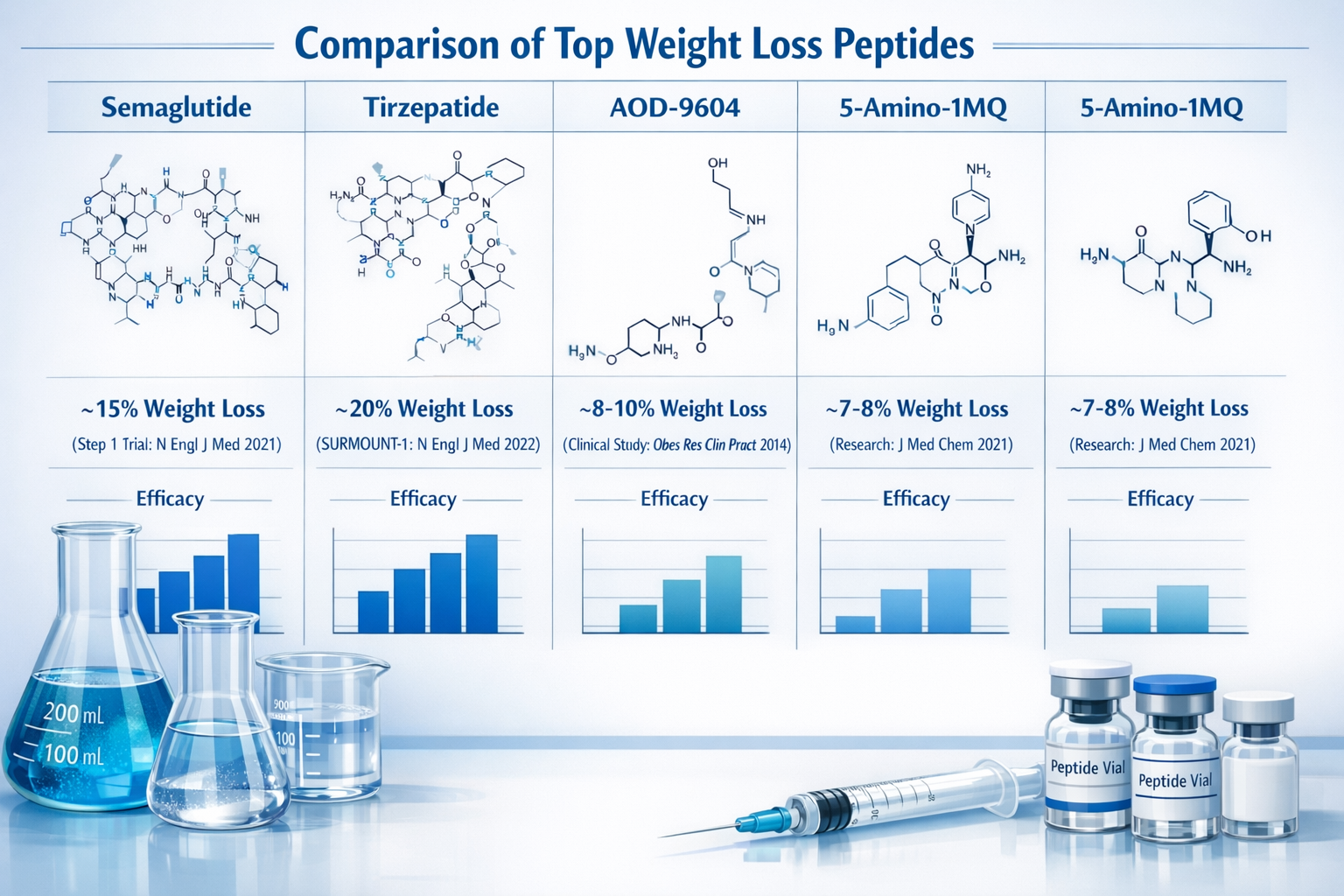 Detailed scientific illustration showing comparison chart of top weight loss peptides including Semaglutide, Tirzepatide, AOD-9604, and 5-Am