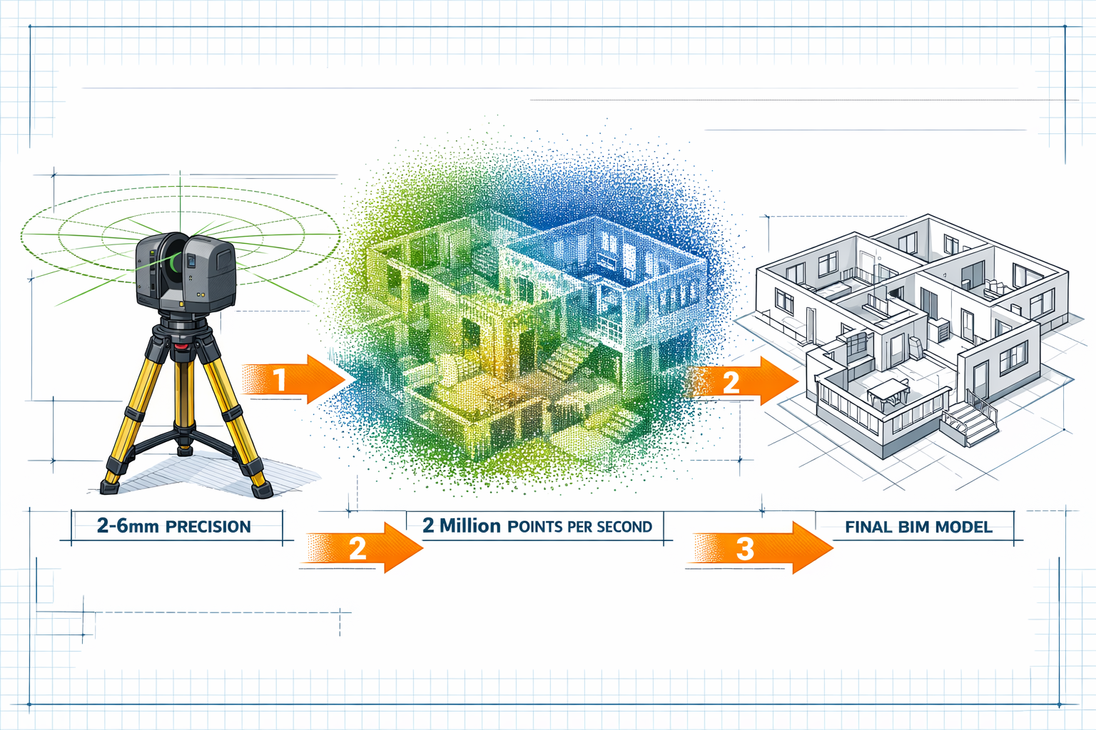 Detailed landscape format (1536x1024) technical illustration showing step-by-step workflow of 3D laser scanning process for property surveys