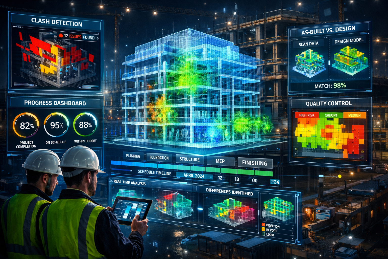 Detailed landscape format (1536x1024) futuristic visualization showing BIM integration and digital twin technology powered by 3D laser scann