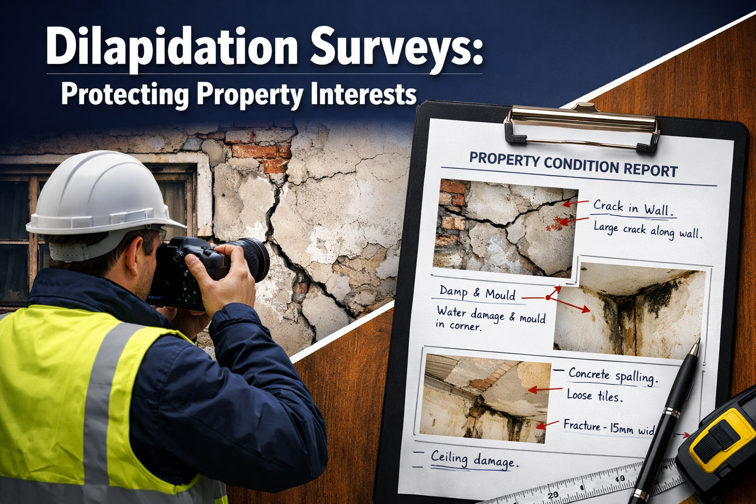 Professional landscape format (1536x1024) hero image featuring bold text overlay 'Dilapidation Surveys: Protecting Property Interests' in ex