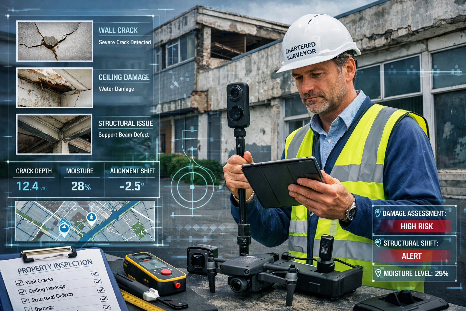 Detailed landscape format (1536x1024) image showing professional surveyor conducting comprehensive property inspection with advanced technol