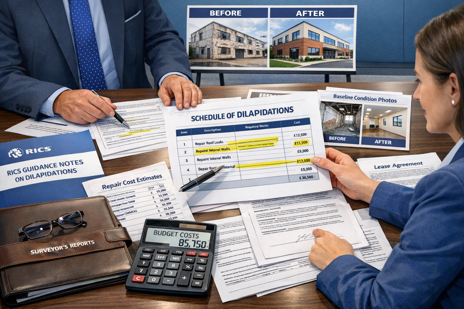 Informative landscape format (1536x1024) image illustrating commercial lease dilapidations documentation process. Scene shows professional o