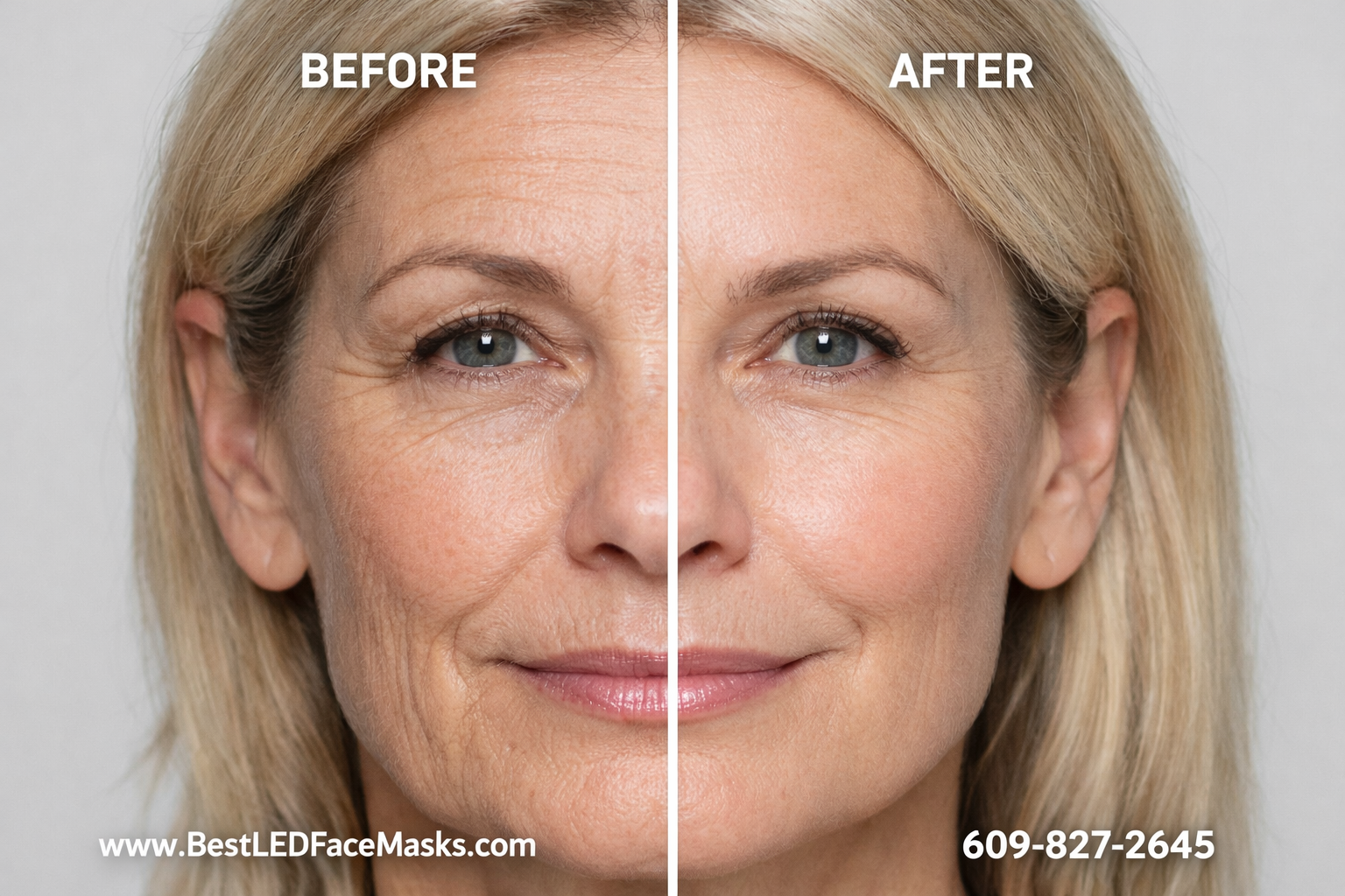 Side-by-side split composition showing a woman's face before and after using an LED facial mask for wrinkles — left side