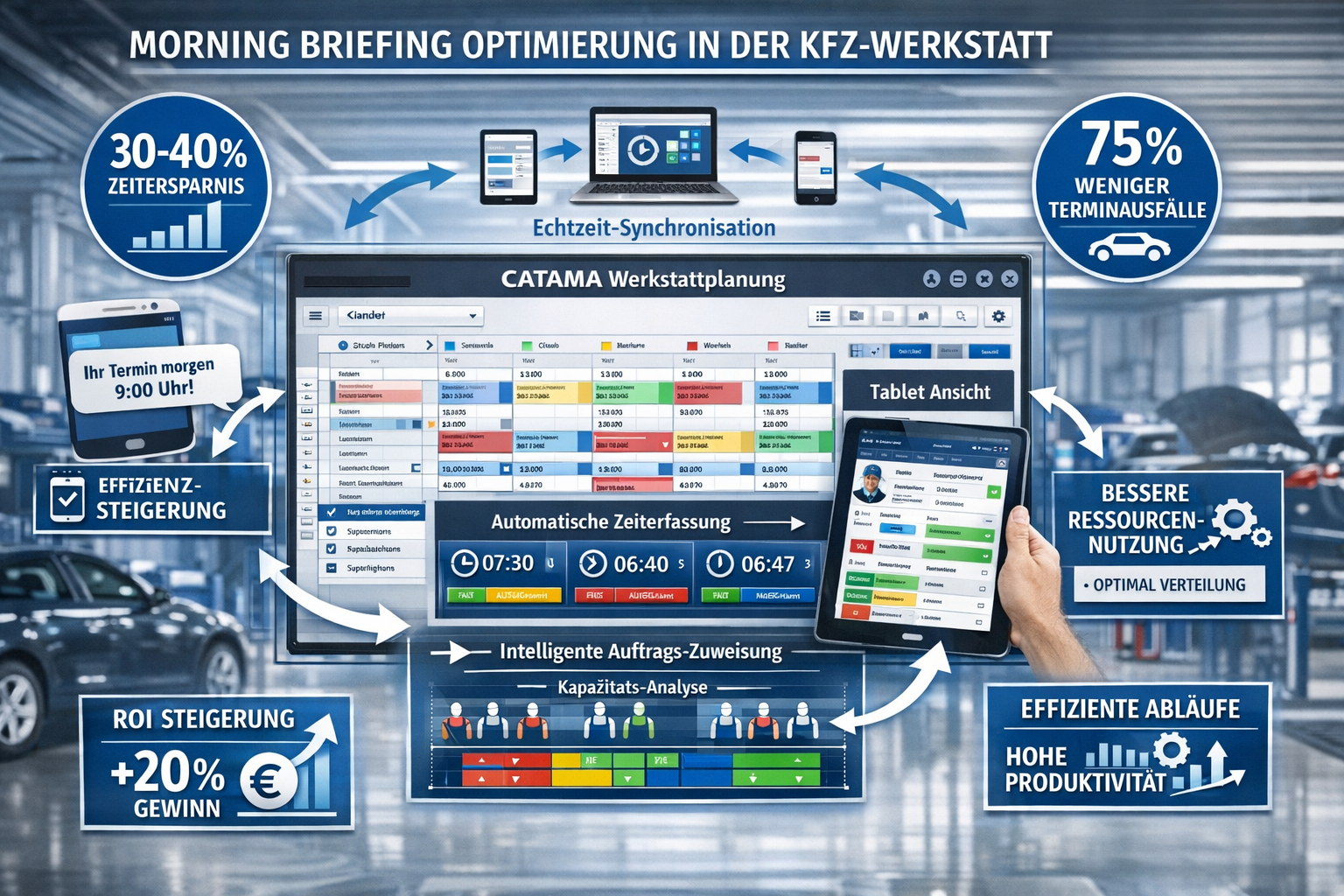 Detailed landscape format (1536x1024) infographic-style image illustrating CATAMA software features for morning briefing optimization in aut