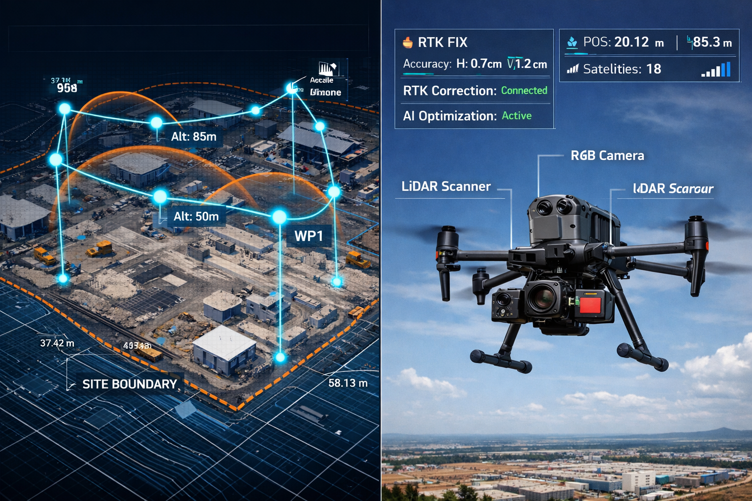 Detailed landscape format (1536x1024) image showing autonomous drone flight path visualization over large property development site. Split-s