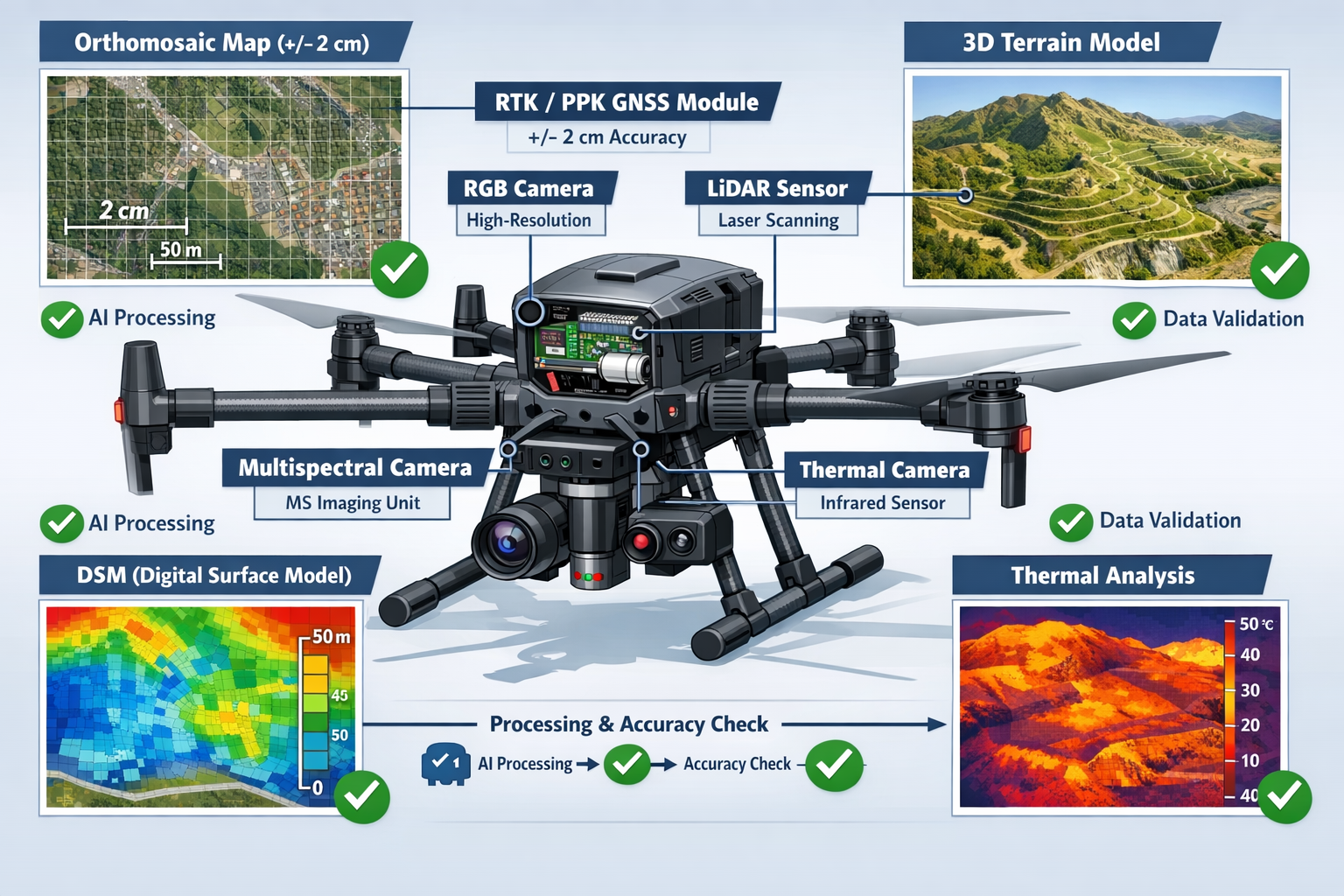 Detailed landscape format (1536x1024) technical illustration demonstrating multi-sensor integration on autonomous surveying drone platform. 