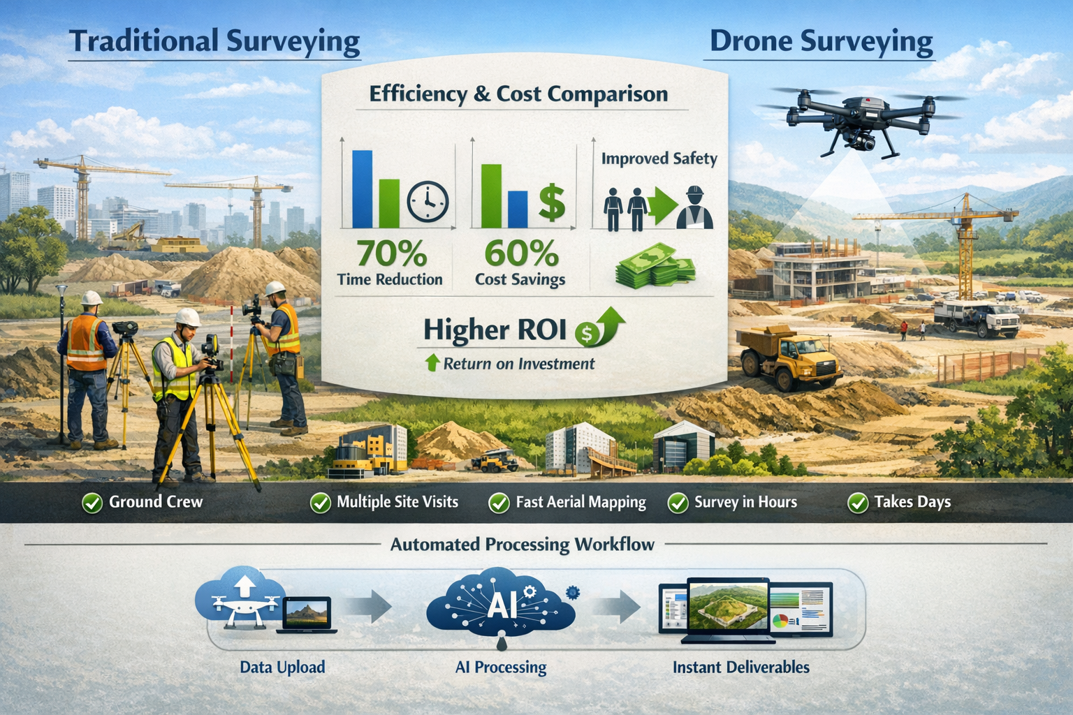 Detailed landscape format (1536x1024) infographic showing cost savings and efficiency comparison between traditional surveying and autonomou