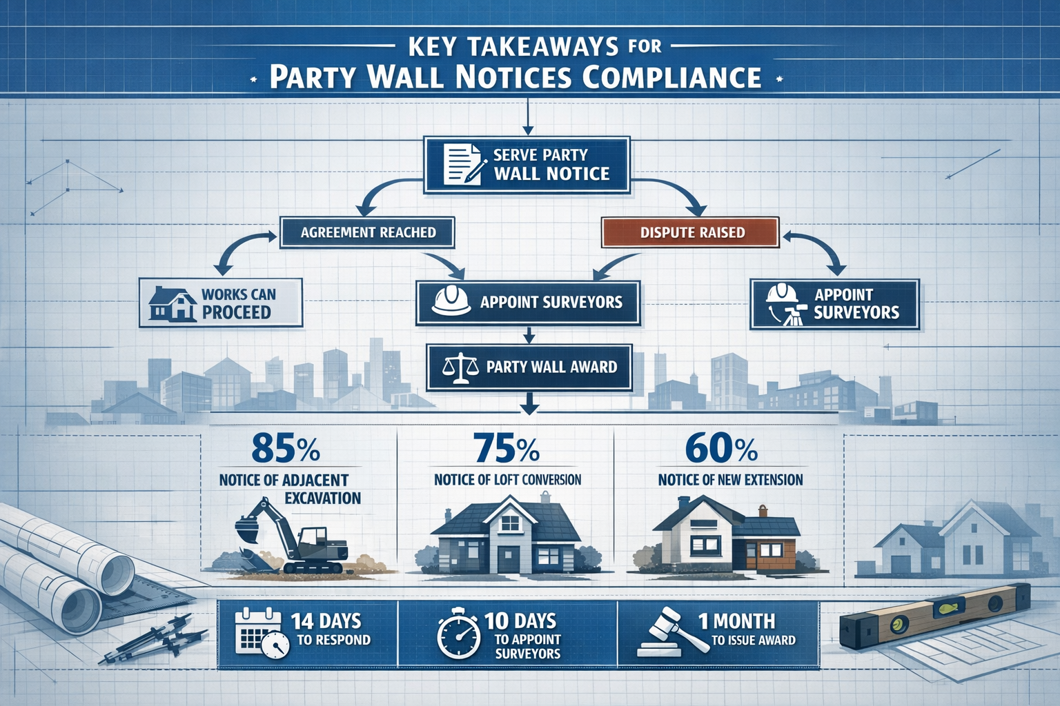 Landscape editorial-style infographic visualizing 'Key Takeaways' for Party Wall Notices compliance, featuring a central
