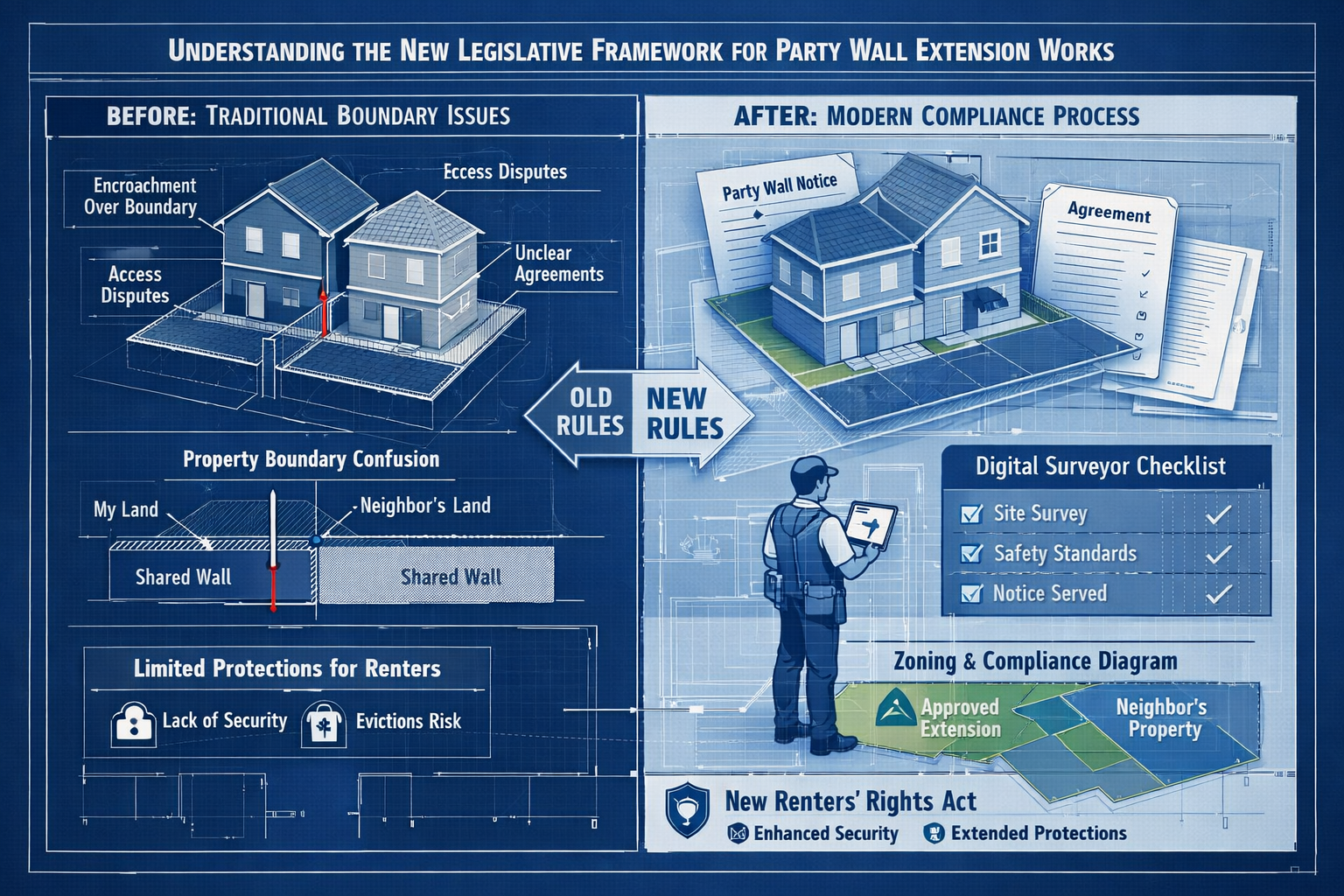 Technical architectural rendering showcasing 'Understanding the New Legislative Framework for Party Wall Extension Works',