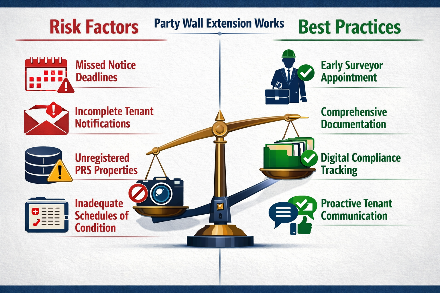 () split-screen comparison illustration showing dispute avoidance strategies for party wall extension works. Left panel