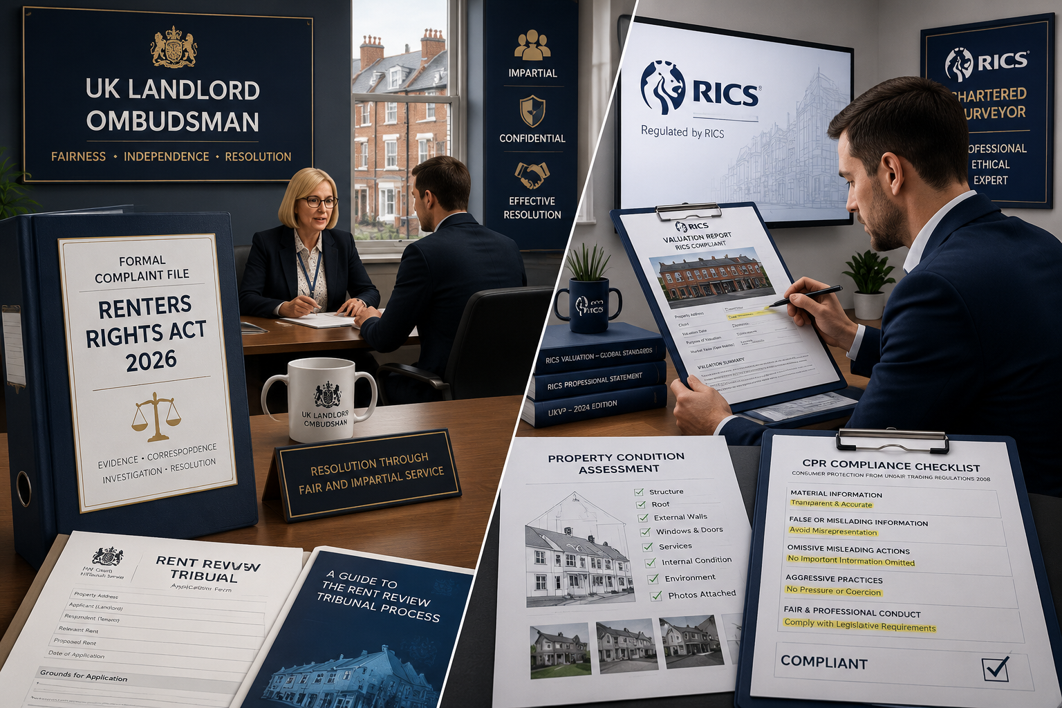 Detailed () editorial illustration showing a split-scene: left side depicts a UK landlord ombudsman office with official