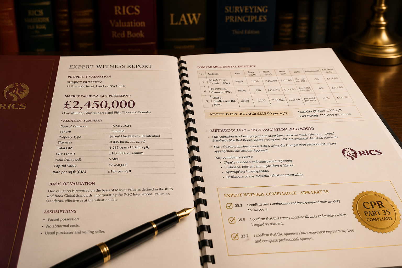 () close-up editorial photograph of a structured expert witness report document spread on a mahogany desk, showing mock
