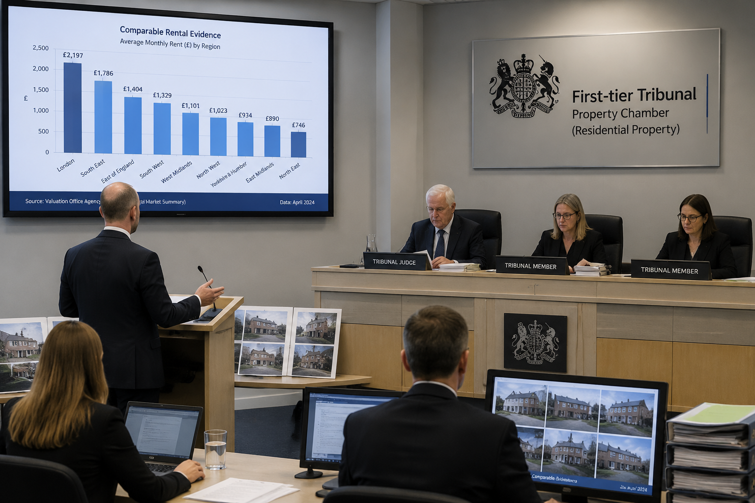 () wide-angle editorial scene showing a First-Tier Tribunal hearing room with a property valuation expert witness standing