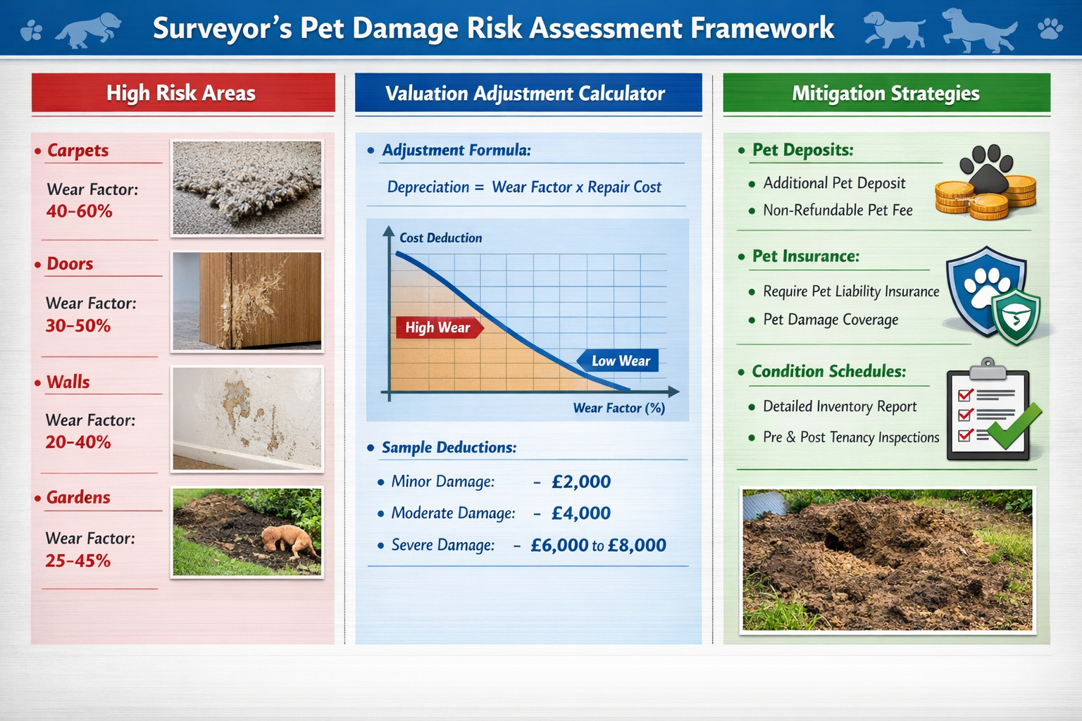 () detailed infographic showing surveyor's pet damage risk assessment framework with three-column layout. Left column