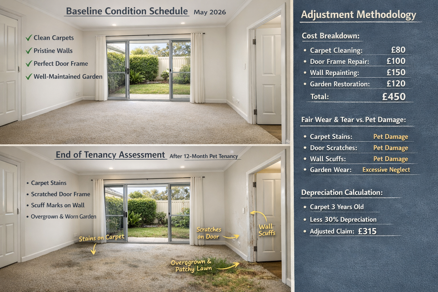 () comparative visual analysis showing before-and-after property condition documentation. Top half displays pristine rental