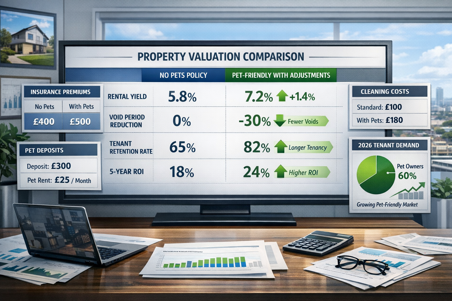 () strategic planning visualization for buy-to-let landlords showing financial modeling dashboard. Central focus on large