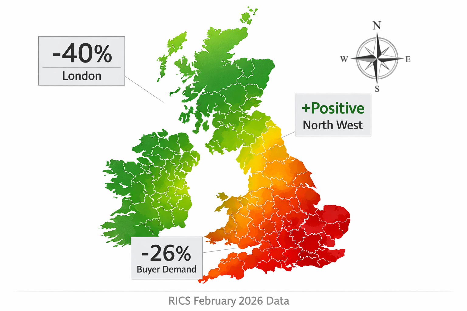 () infographic-style editorial image showing UK map with heat-map color : deep red zones over London and South East