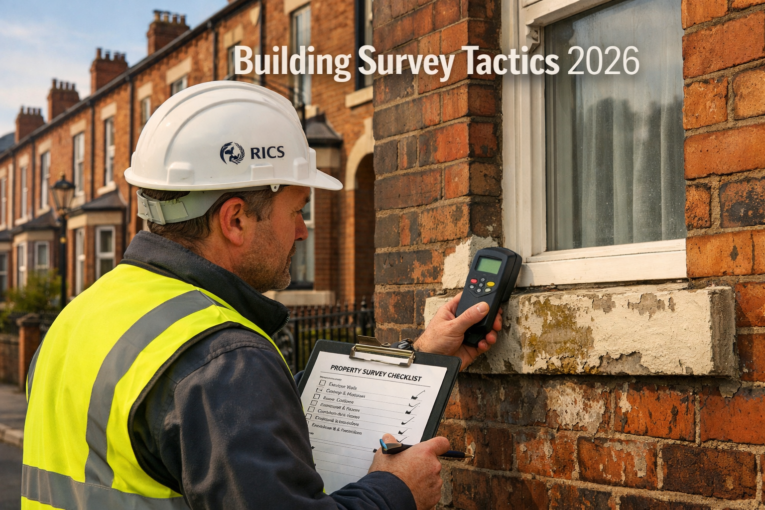 () showing a professional RICS-accredited building surveyor in hard hat and hi-vis vest conducting a detailed inspection of