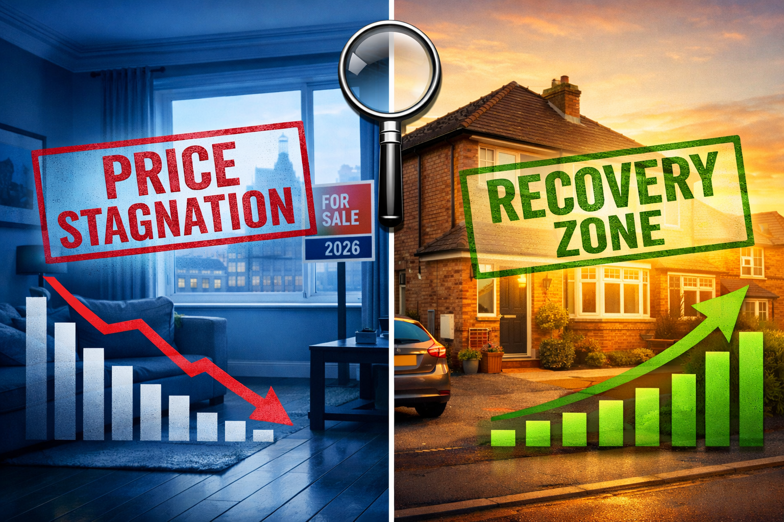 () split comparison image: left panel shows a London flat interior with 'PRICE STAGNATION' red stamp , estate agent board