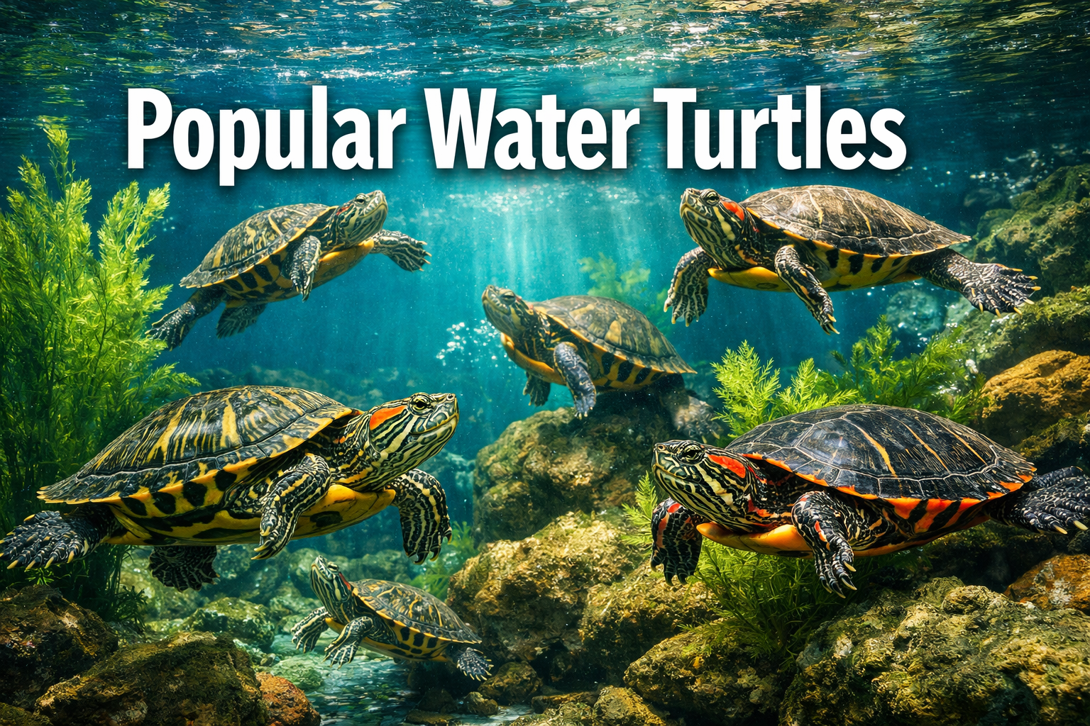 Professional landscape hero image (1536x1024) featuring bold text overlay 'Popular Water Turtles' in extra large 72pt white sans-serif font