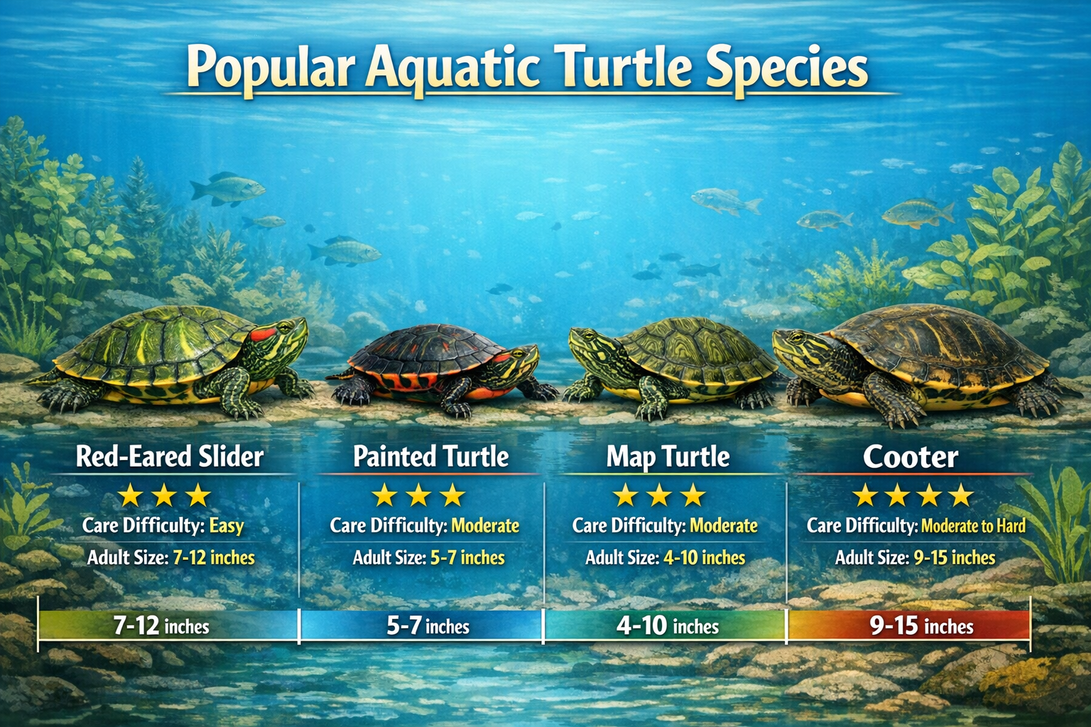 Detailed landscape image (1536x1024) showing comparison chart of most popular aquatic turtle species with visual size representations, red-e