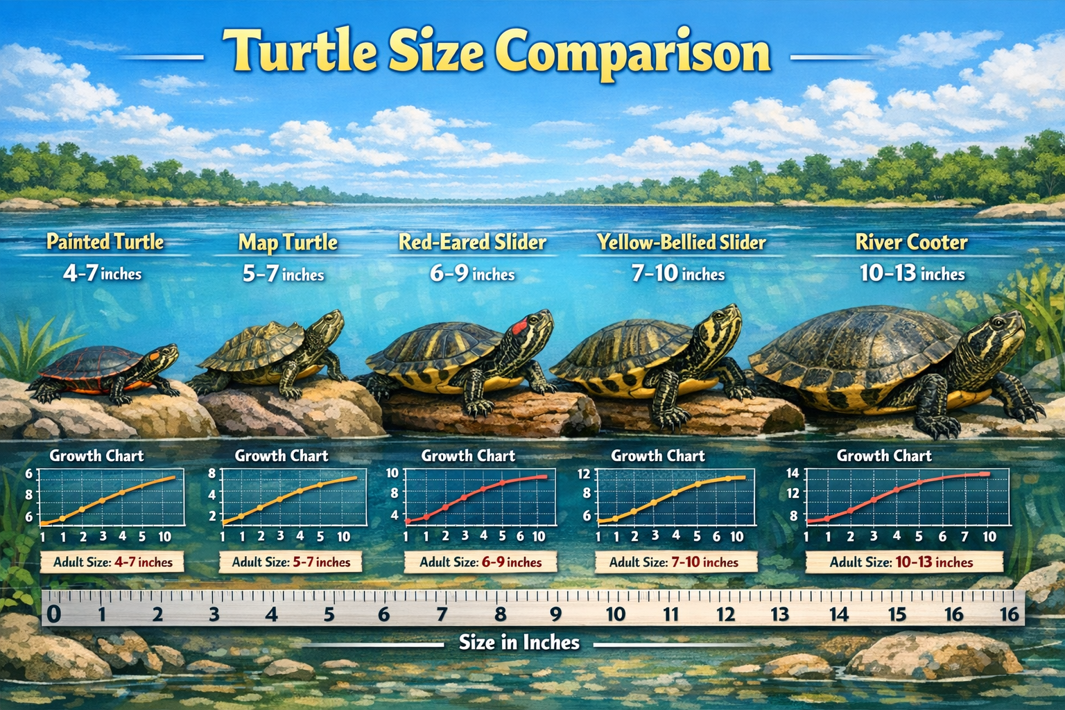 Interactive size comparison landscape image (1536x1024) featuring popular water turtle species arranged from smallest to largest with ruler