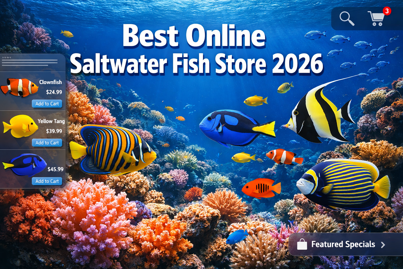 Professional landscape hero image (1536x1024) featuring bold text overlay 'Best Online Saltwater Fish Store 2026' in extra large 72pt white 