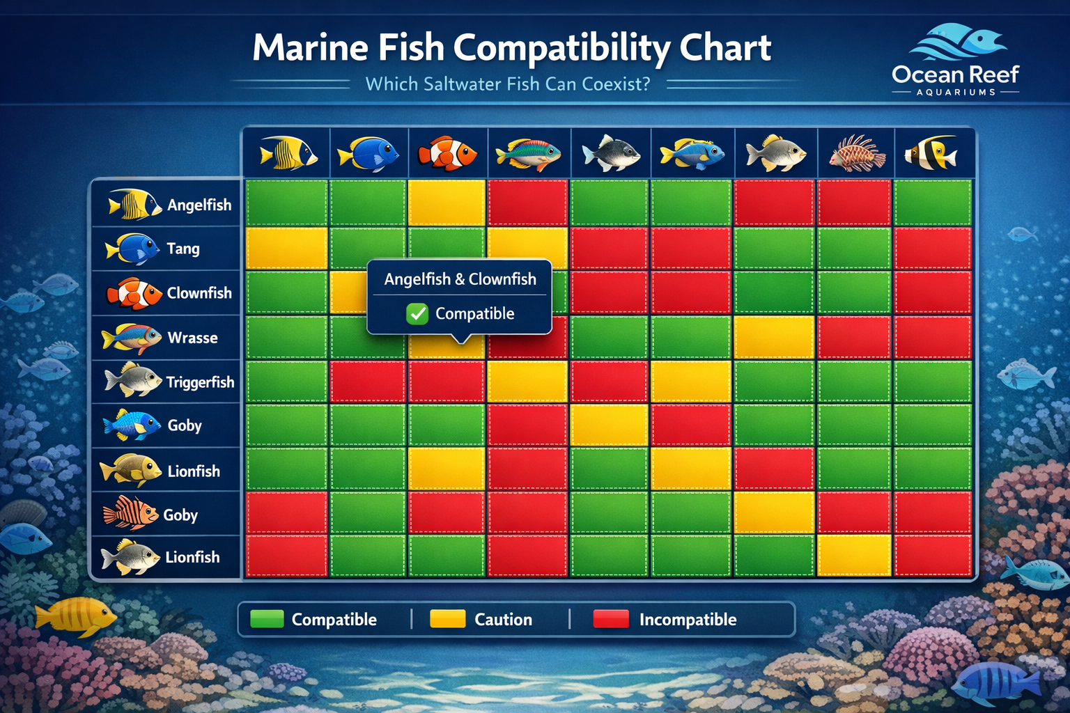 Interactive marine fish compatibility matrix displayed as colorful grid chart showing which saltwater fish species can coexist safely. Featu
