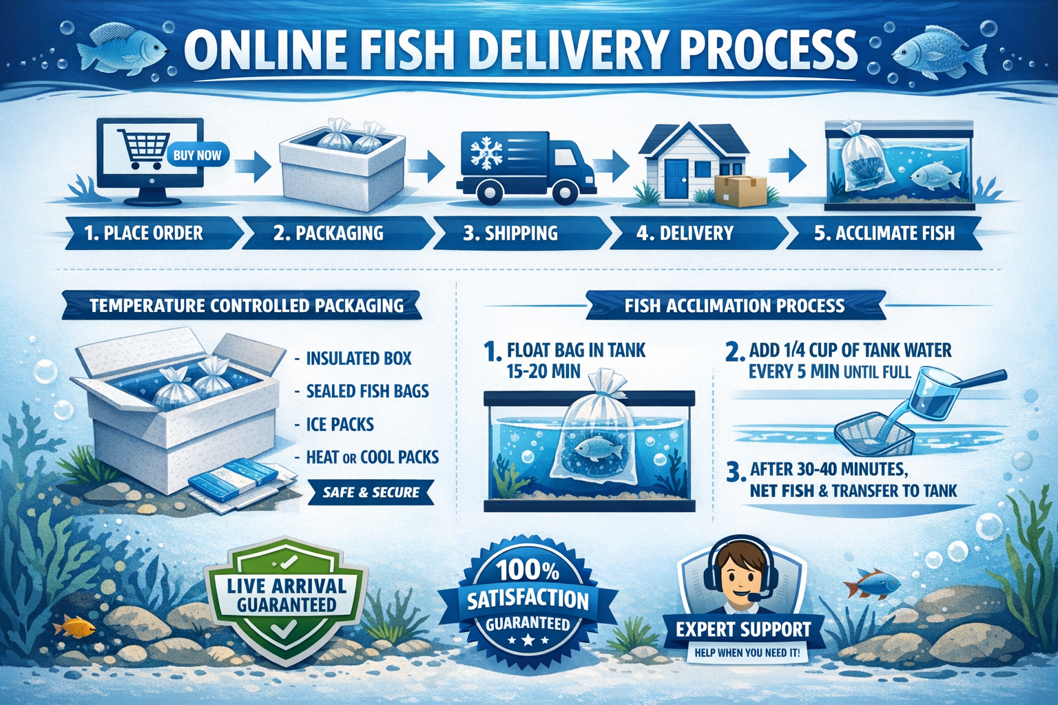 Detailed shipping and care infographic showing step-by-step process of online fish delivery from order placement to tank acclimation. Featur