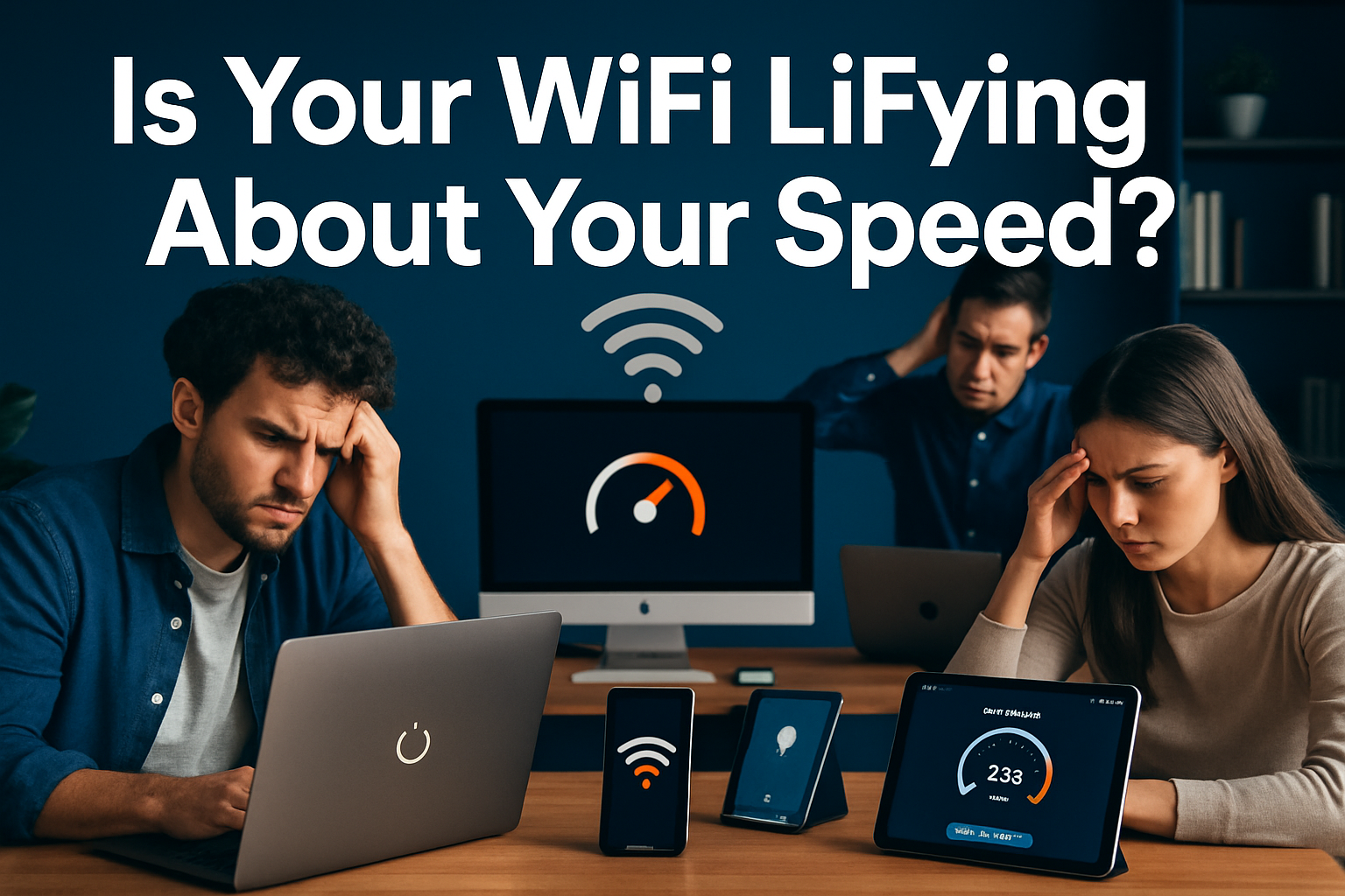 Professional landscape hero image (1536x1024) featuring bold text overlay 'Is Your WiFi LiFying About Your Speed?' in extra large 72pt white