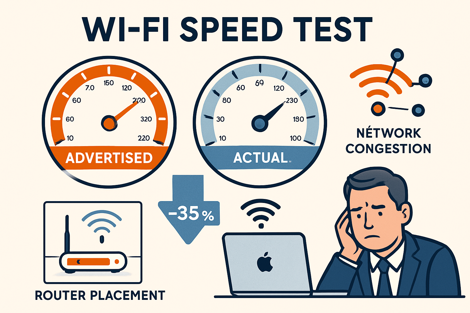 Detailed infographic showing WiFi speed test results comparison between advertised speeds vs actual performance on Mac devices, featuring sp
