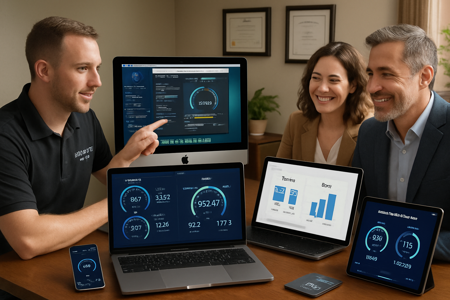 Professional Mac IT consulting scene showing MacWorks 360 technician optimizing network infrastructure for creative agency, multiple Apple d