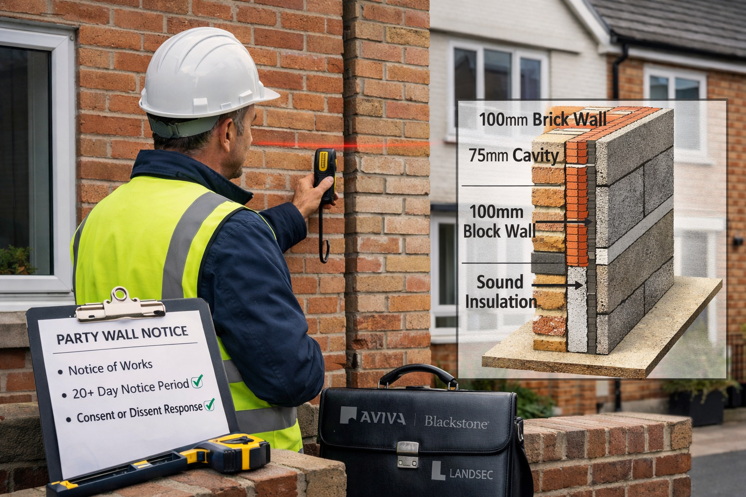 Detailed () image showing professional party wall surveyor in hard hat examining shared wall between two buy-to-let