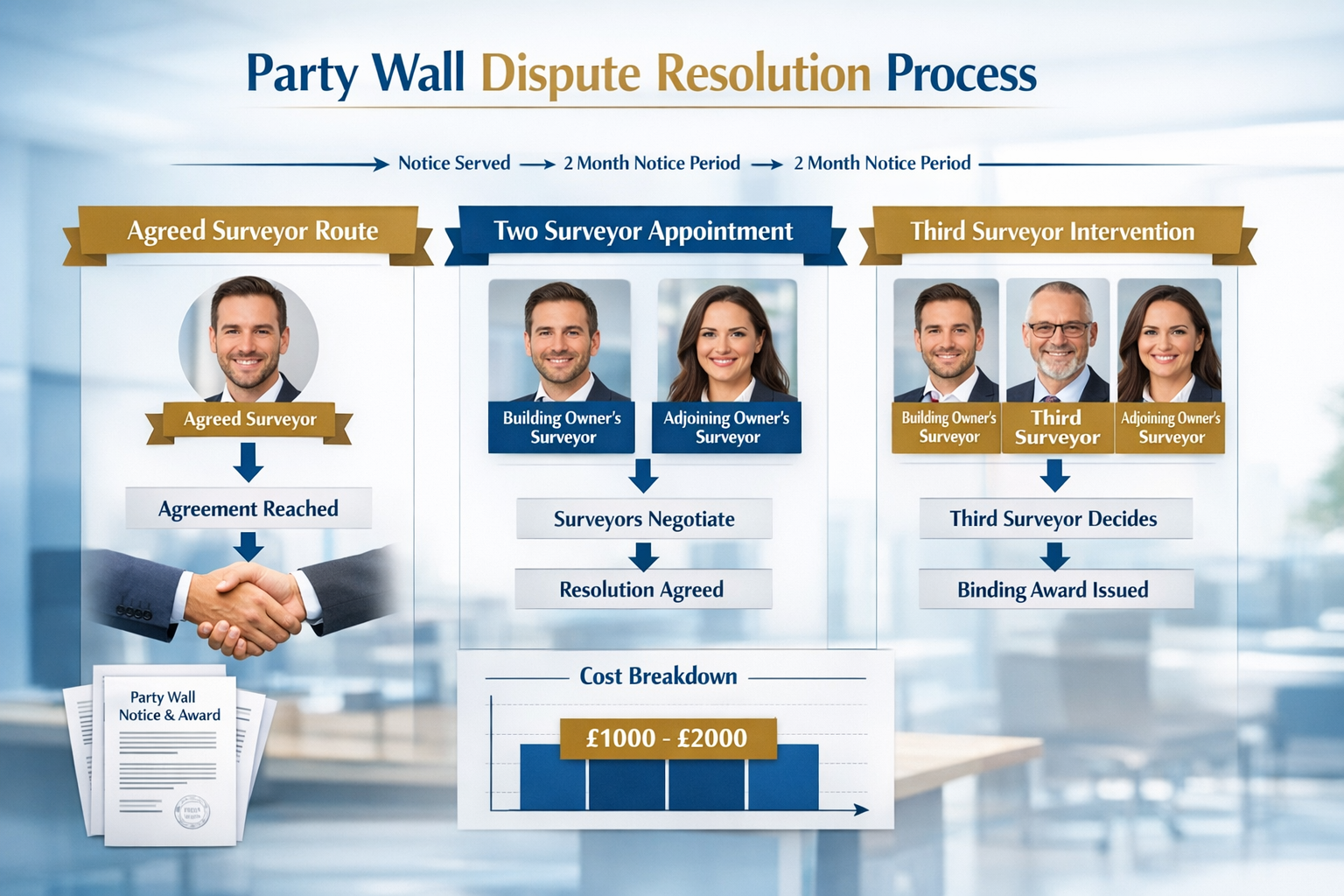 () infographic-style image displaying party wall dispute resolution flowchart with three distinct pathways: agreed surveyor