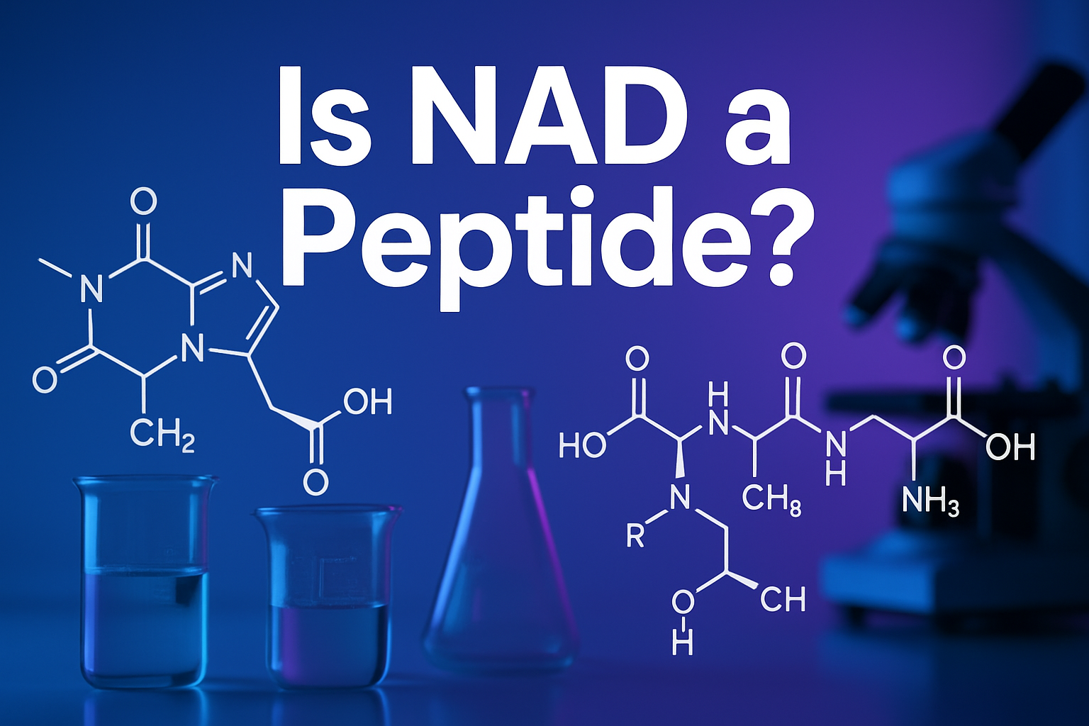 Professional landscape hero image (1536x1024) featuring bold text overlay 'Is NAD a Peptide?' in extra large 72pt white sans-serif font with