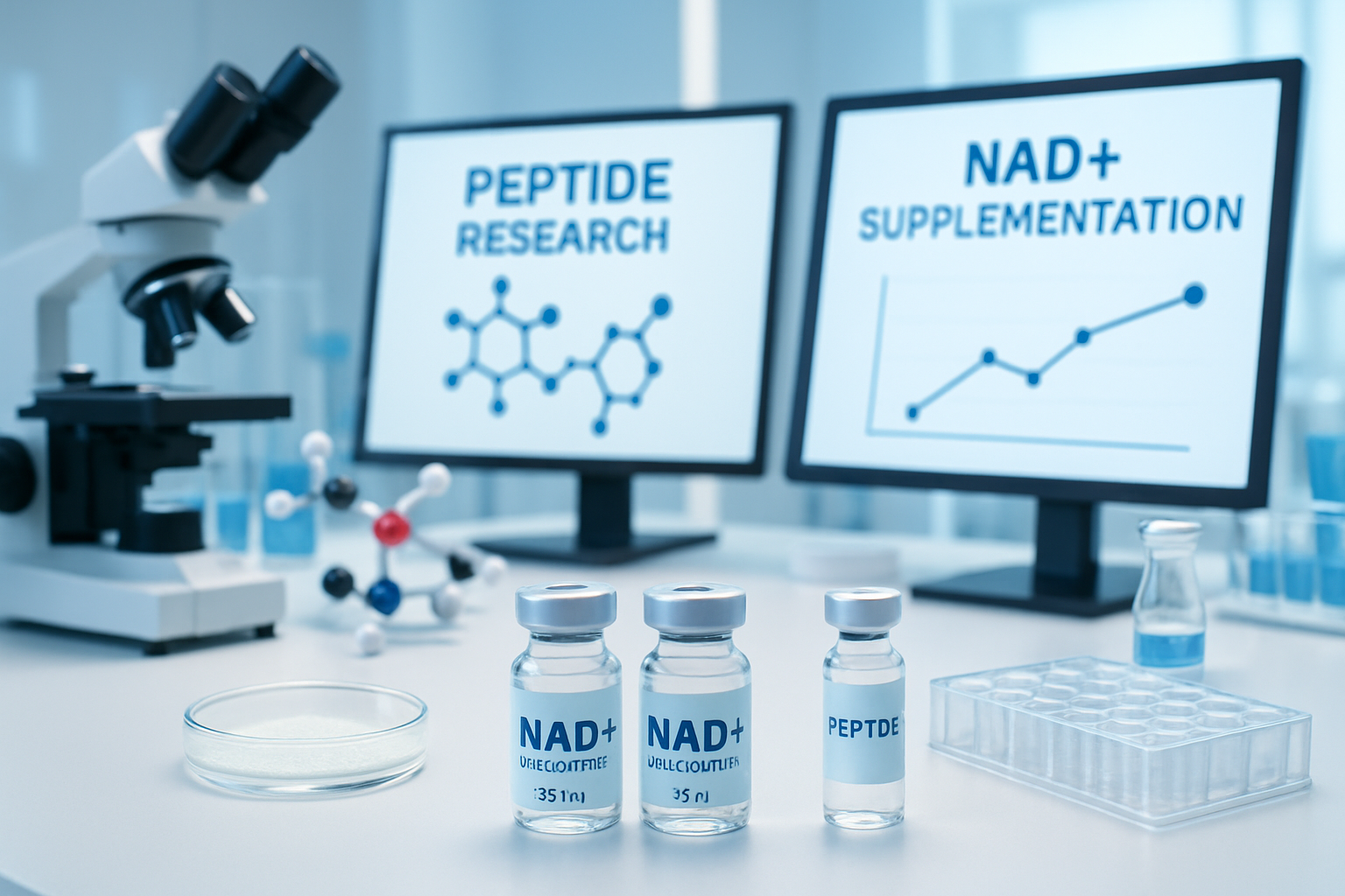 Laboratory research scene showing NAD+ supplementation vials and peptide research materials on clean white lab bench. Modern scientific equi