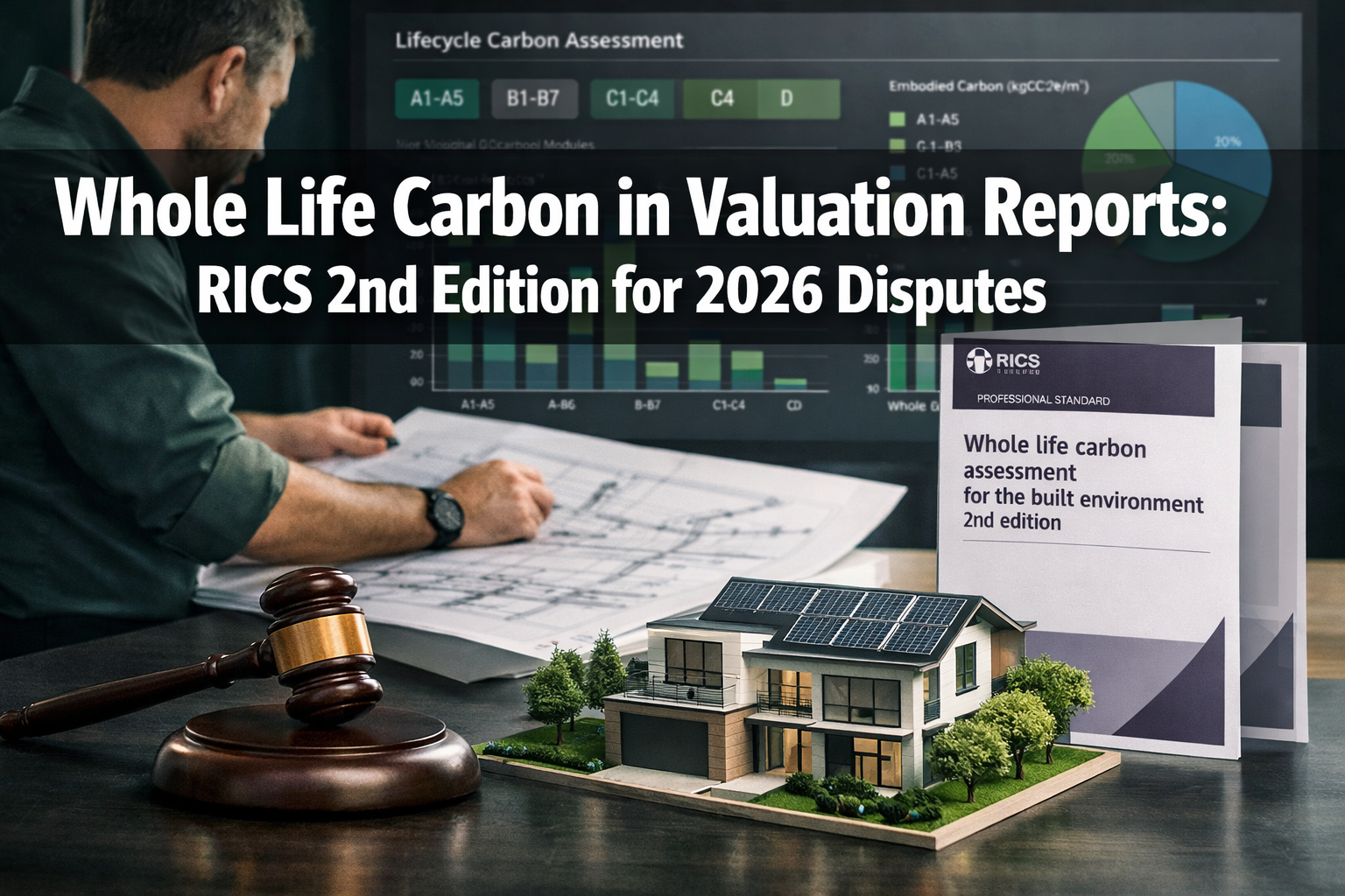 Professional () hero image featuring 'Whole Life Carbon in Valuation Reports: RICS 2nd Edition for 2026 Disputes' in extra