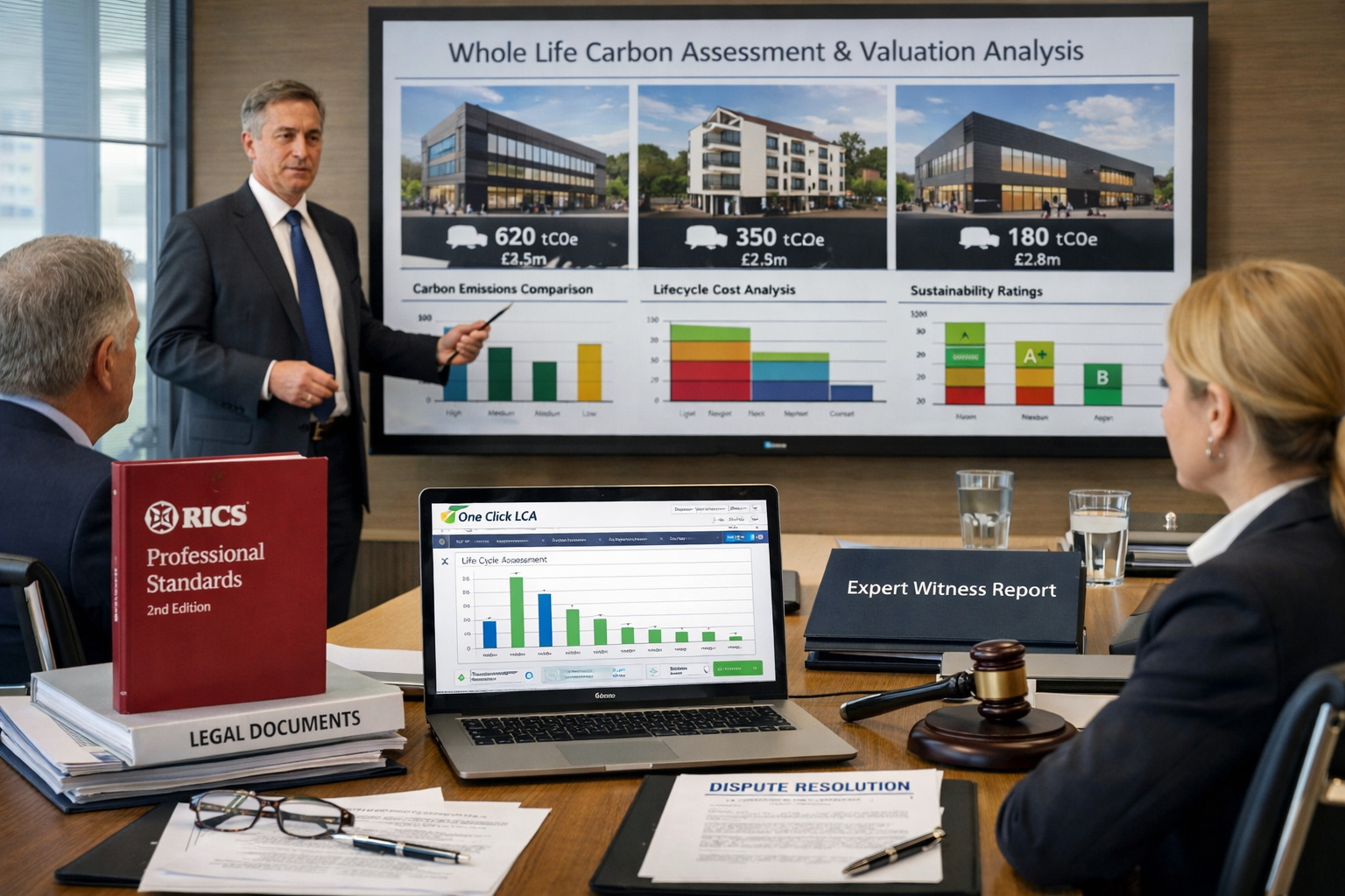 Professional () image depicting expert witness preparation scene in modern conference room with chartered surveyor